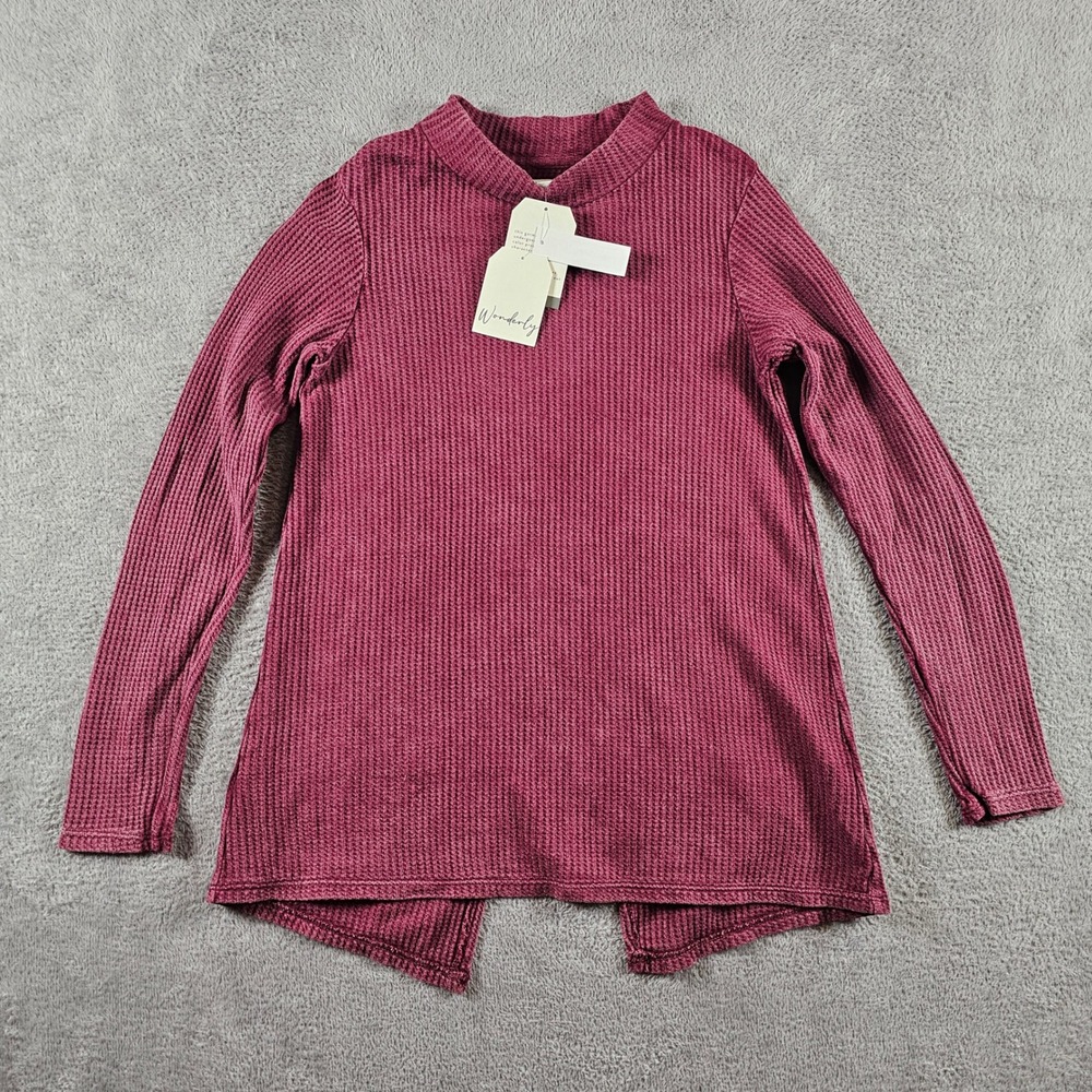 Wonderly Womens Small Berry Wine Waffle Knit Split Back Mock Neck Top NEW
